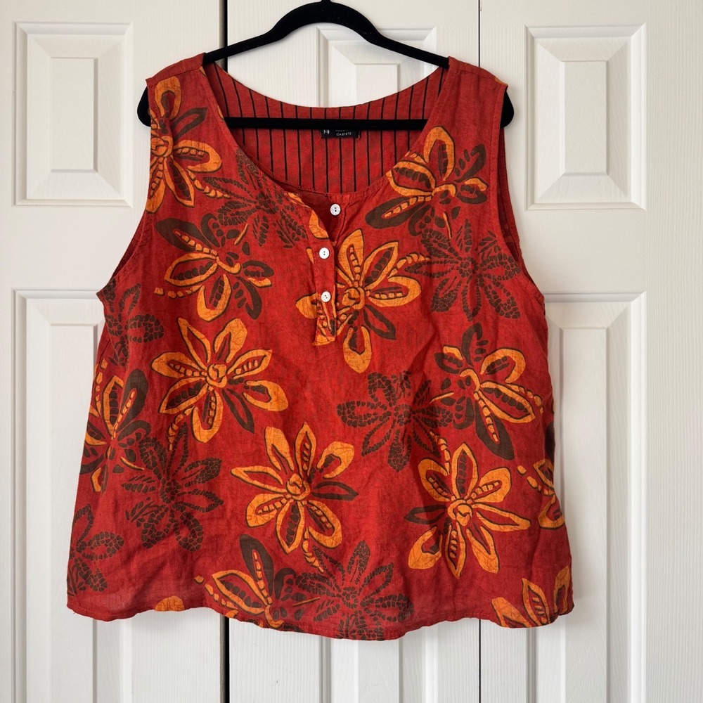 Bella Amore Made in Italy Linen 2 Piece Set Floral Pinstripe Wide Leg Red Pants
